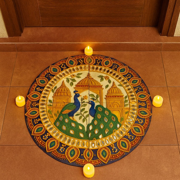 India’s First 3D DIY Rangoli Kit with Mirror Design | 17 Inch | Includes 5 Free LED Candles (Palace Peacock)