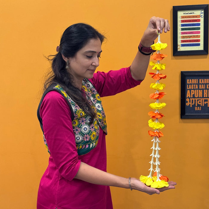 2 Pcs Orange & Yellow Carnation, Galgota & Rajnigandha Ladi (25 Inch) | Traditional Floral Side Hanging for Home & Festive Décor