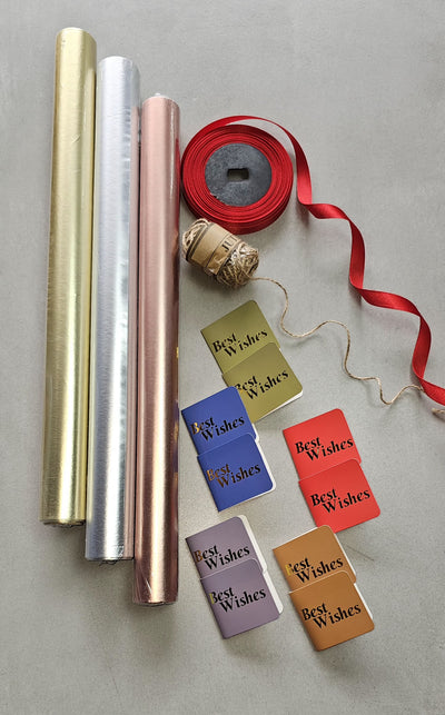 1 Set Gift Wrapping Combo Set – 3 Metallic Paper Rolls (Gold, Silver, Rose Gold), Red Satin Ribbon, Jute Twine & 10 Mini “Best Wishes” Gift Cards – Premium Packing Kit for Birthday, Wedding, Festive Gifting.