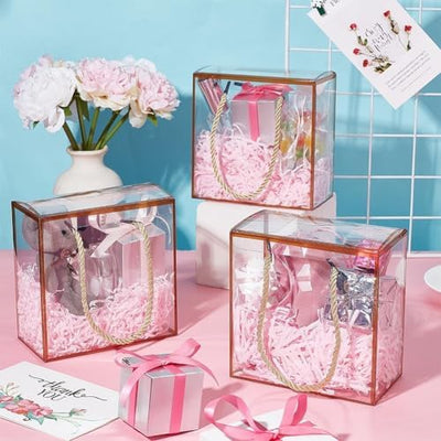 6 PCS Big Square Size Trasparent Golden border Bag Goodie Bags Gift bag, gift For new year Gifting, marriage Return Gifts, Birthday, Wedding, Party, Season's Greetings(Big) (Golden) (25 x 10 x 25)cm