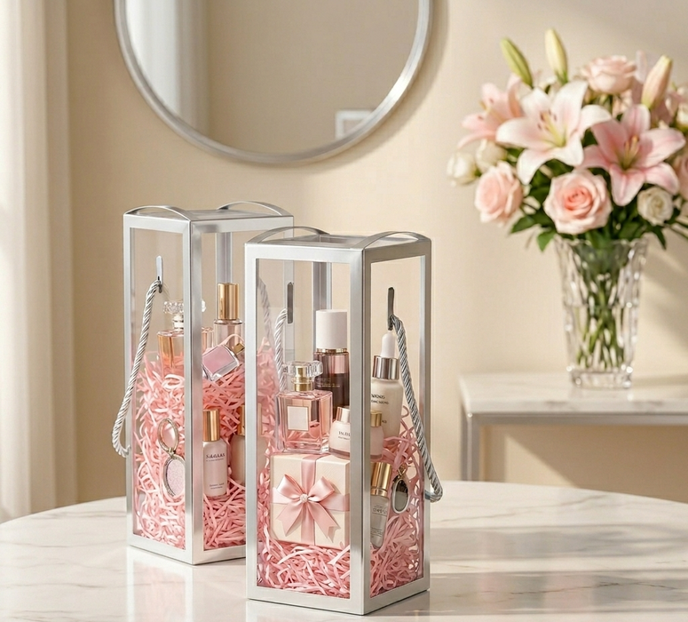 Clear Transparent Gift Box with Frame and Rope Handle for Hampers, Wedding Gifts, Return Gifts, Chocolates, Dry Fruits, Cosmetics, Baby Shower, Festive Gifting & Premium Gift Packaging (21 cm x 7 cm x 7 cm)