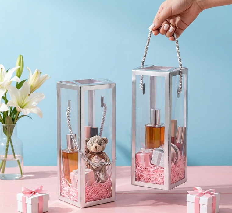 Clear Transparent Gift Box with Frame and Rope Handle for Hampers, Wedding Gifts, Return Gifts, Chocolates, Dry Fruits, Cosmetics, Baby Shower, Festive Gifting & Premium Gift Packaging (21 cm x 7 cm x 7 cm)