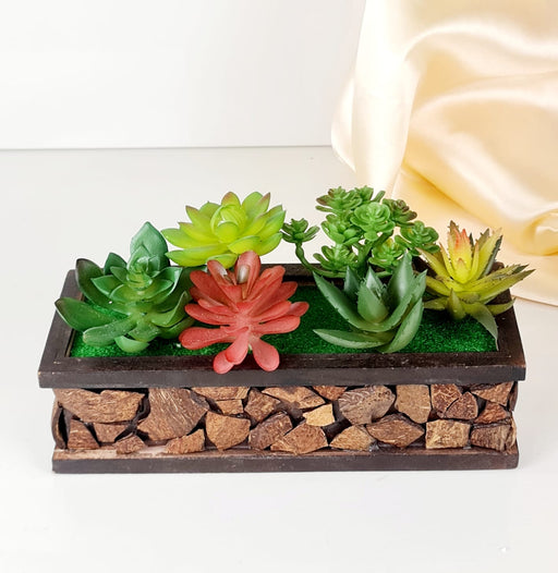 1 Pc Artificial Succulent Head with Wooden Pot Flower Pot Add Charm to Your Home Decor, Garden, showpiece, Table Top, Perfect for Gifting, Elegant Shelf, and Office Desk (with Pot)