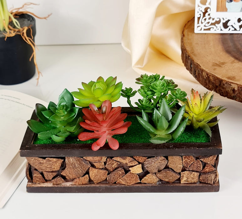 1 Pc Artificial Succulent Head with Wooden Pot Flower Pot Add Charm to Your Home Decor, Garden, showpiece, Table Top, Perfect for Gifting, Elegant Shelf, and Office Desk (with Pot)