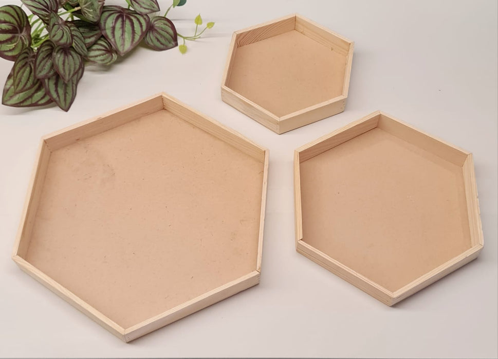 1 Set (3 Pcs) MDF Hexagon Trousseau Pinewood Attractive Decorative Art Tray for Home Decor, Saree, Clothes Packaging for Gifting in Hampers, DIY Craft.