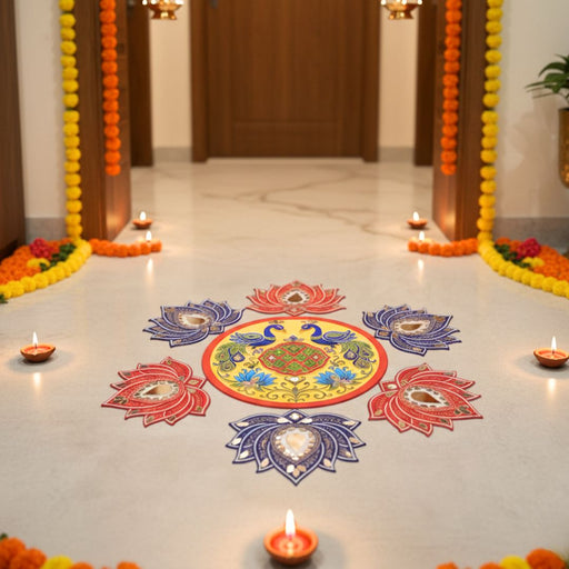 Peacock & Lotus Rangoli DIY Kit with Abhla & Glue total 16 inch after making