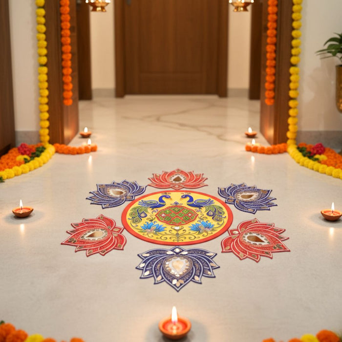 Peacock & Lotus Rangoli DIY Kit with Abhla & Glue total 16 inch after making