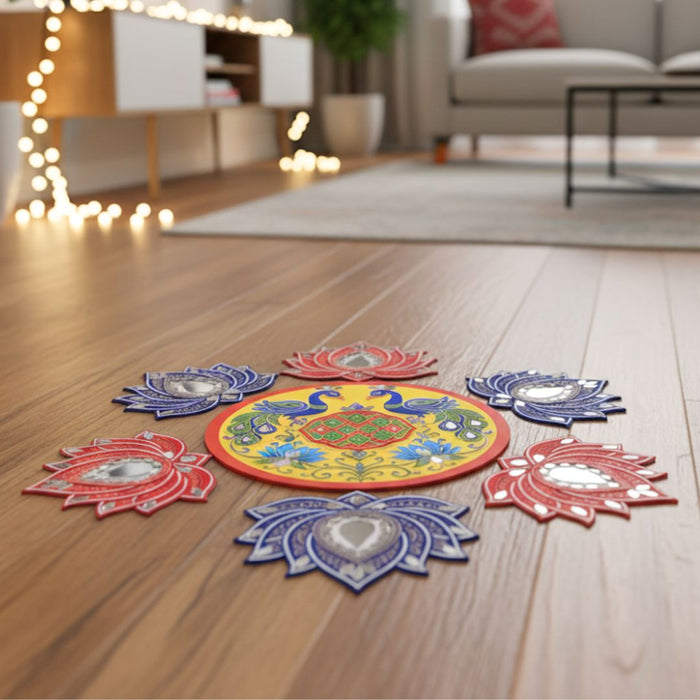 Peacock & Lotus Rangoli DIY Kit with Abhla & Glue total 16 inch after making