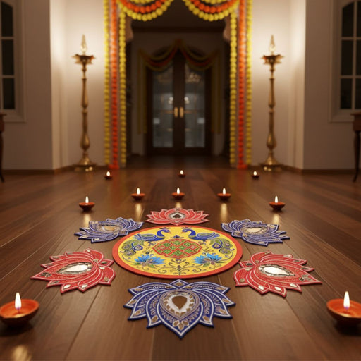 Peacock & Lotus Rangoli DIY Kit with Abhla & Glue total 16 inch after making