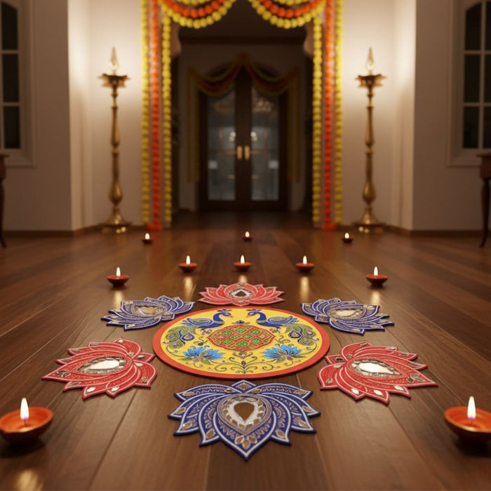 Peacock & Lotus Rangoli DIY Kit with Abhla & Glue total 16 inch after making