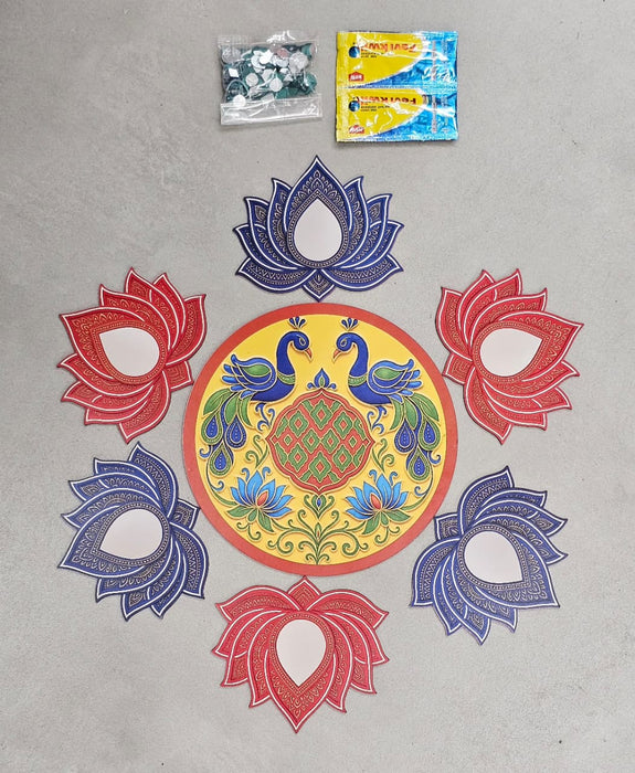 Peacock & Lotus Rangoli DIY Kit with Abhla & Glue total 16 inch after making