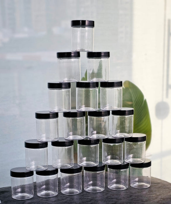Black Lid Airtight Plastic PET Jar | 200ml & 300ml Food Grade Jars for Storage & Gifting