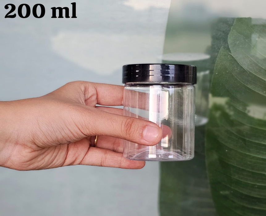 Black Lid Airtight Plastic PET Jar | 200ml & 300ml Food Grade Jars for Storage & Gifting