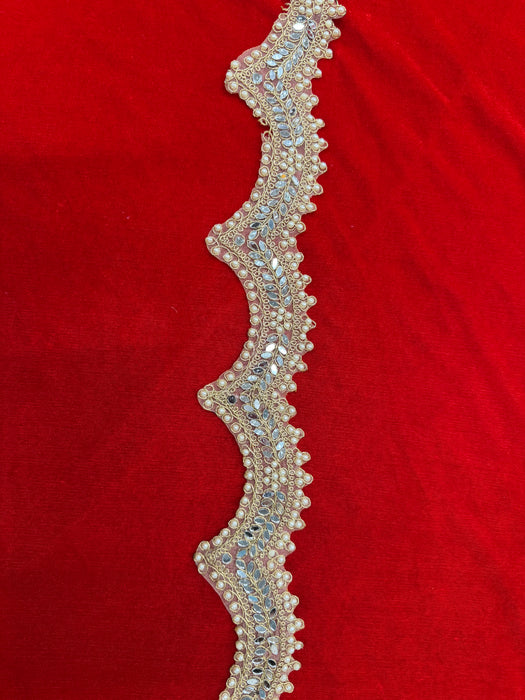 2 Meter Golden Curvy Net Lace with Mirror, Moti & Embroidery Work | For Saree, Dress, Toran & Festival Décor