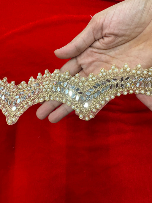 2 Meter Golden Curvy Net Lace with Mirror, Moti & Embroidery Work | For Saree, Dress, Toran & Festival Décor