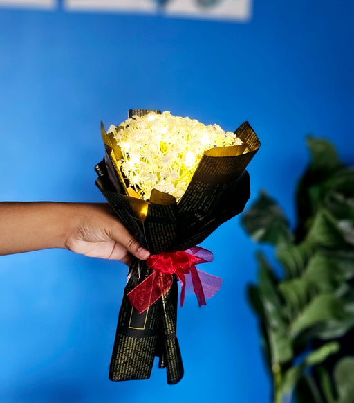 1 Pcs Ready to use Lighting Bouquet Artificial Flower White Babys Breath Gypsy Wrapped Bouquet for Best Wishes,Gifting,Housewarming, Wedding,Home Decor,Office,Bedroom,Decoration,Welcoming, Surprice,Gift Bunch for her/him Birthday,Anniversary(With Light)