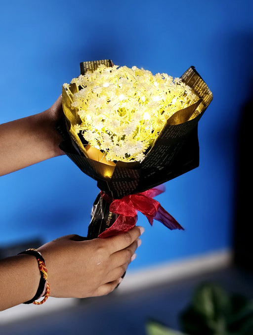 1 Pcs Ready to use Lighting Bouquet Artificial Flower White Babys Breath Gypsy Wrapped Bouquet for Best Wishes,Gifting,Housewarming, Wedding,Home Decor,Office,Bedroom,Decoration,Welcoming, Surprice,Gift Bunch for her/him Birthday,Anniversary(With Light)