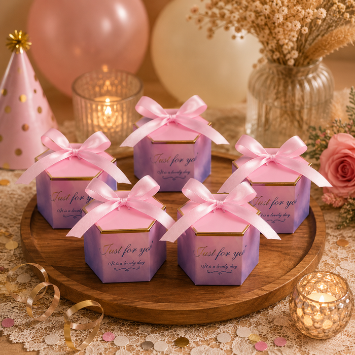50 Pcs Hexagon Paper Gift Box with Ribbon, Gift Packaging Box for Wedding Return Gifts, Birthday Favours, Chocolate, Dry Fruit, Jewellery, Cosmetics, Baby Shower & Festive Hamper Packing