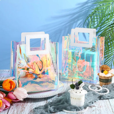 6 pcs Transparent Bag with Square Handle, Goodie Bags, Clear Gift Bag, Hamper Bag, Carry Bags, Shopping Gift Bag, Gifting, Presents, Return Gifts, Birthday, Festivals, Events, wedding Gifting (Rainbow) (Small) (20 x 18)