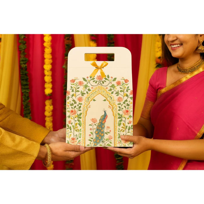 10 Pcs Shahi Dibba Foldable Peacock Hamper Boxes with Ribbon | Premium Gift Packaging for Weddings & Special Occasions