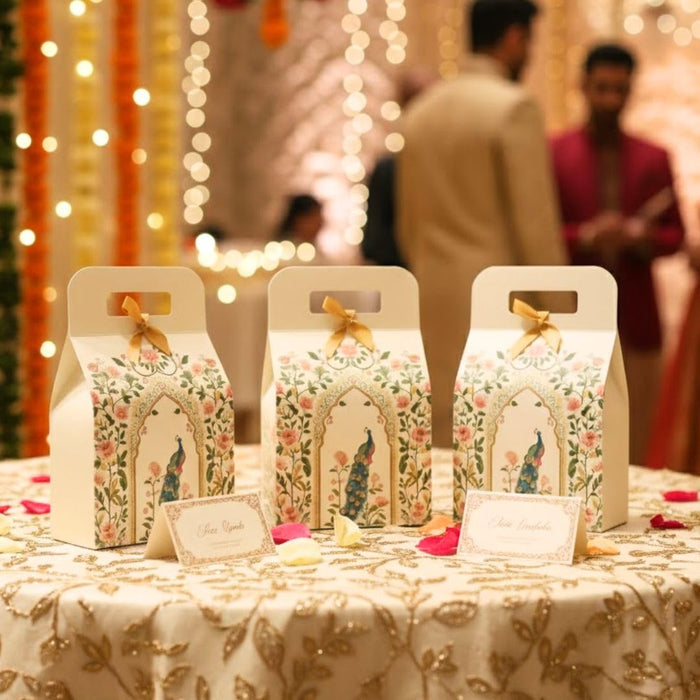 10 Pcs Shahi Dibba Foldable Peacock Hamper Boxes with Ribbon | Premium Gift Packaging for Weddings & Special Occasions