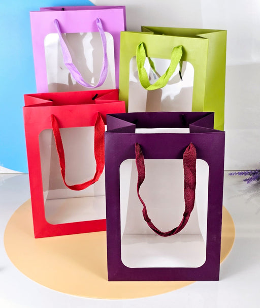 10 Pcs Random Colour Transparent Window Bag Goodie Bags With Handle Bag,Hamper Bag,Carry Bags,Shopping Gift Bag,Gifting,Presents,Return Gifts,Birthday,Wedding,Festivals,Events (Small)