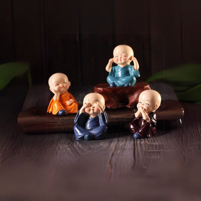Monk Buddha Miniature Showpiece Set Monks Figurine Statue, Cute Little Monks Statue Wealth Lucky Figurine Unique Gift, Don't Think, Don't Look, Don't Say, Don't Listen Decoration For Home (Cute Buddha Set)