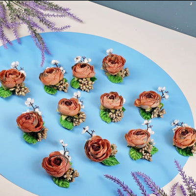 12 PCS Brown Shaded colour Artifical Flower stylish Brooches Ready to use flower bunch for any occation, Hamper decoraton, Toran decoration stylish brooches.