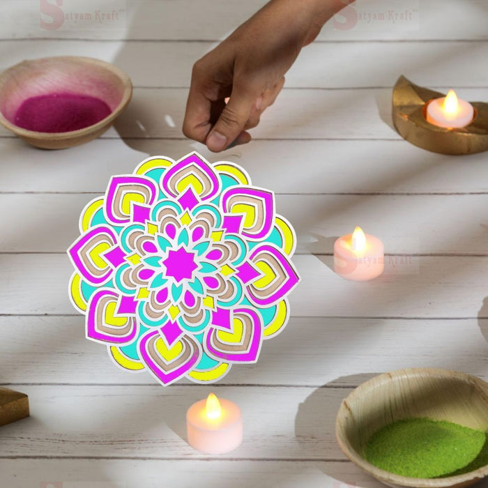 SATYAM KRAFT 3 PCS MDF Rangoli Mat with Wooden Base. Easy to Use. Just Fill It Up with Rangoli,Flowers,Pulses Inland Rangoli Stencils Border for Floor Home Diwali Decoration DIY (pro Pack of 3)