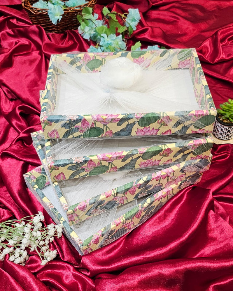 Multipurpose Decorative Folding Paper Box Net Rectangle Lotus design Cardboard Box with Net DIY Tray for Gift Hamper, Gifting (Cardboard Folding Paper Box),Room Hamper,Wedding Hamper
