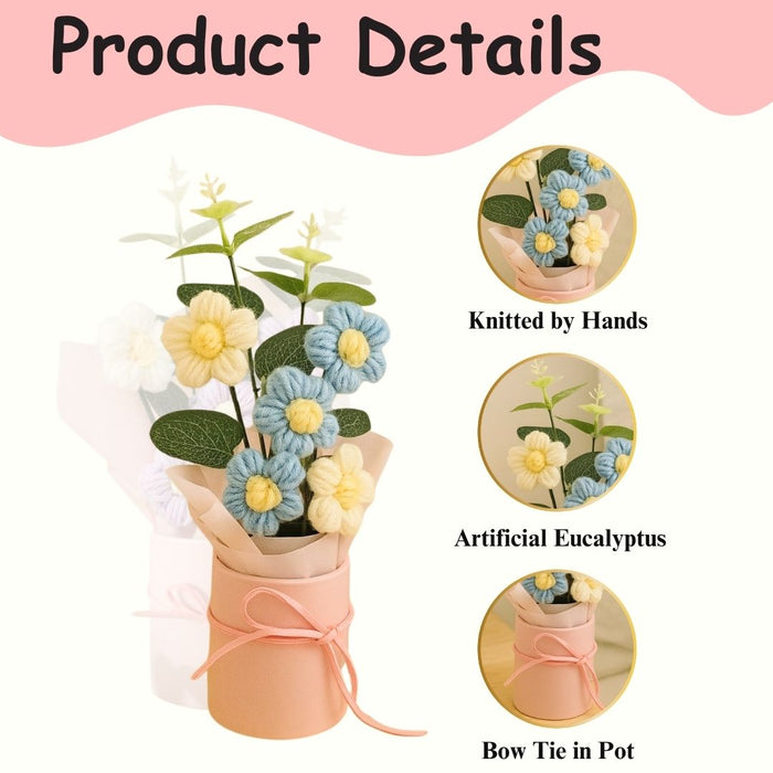 3 Pcs Handmade Crochet Flower Bouquets – Artificial Cotton Yarn Flowers for Home & Gifting