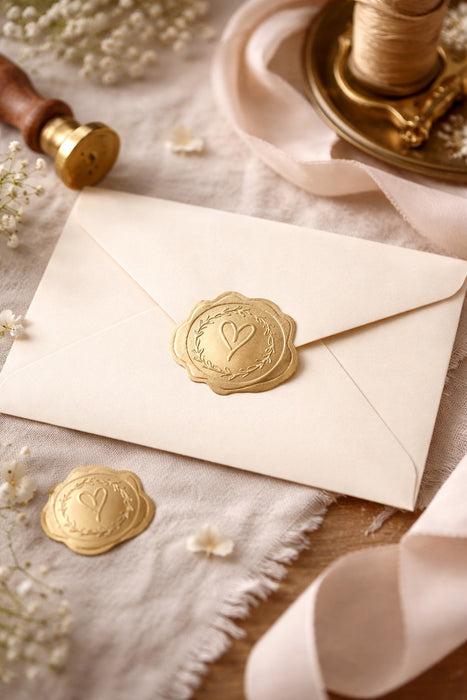 Gold Heart Envelope Seal Stickers  | 3cm Premium Self-Adhesive Wax Seal Look Stickers for Invitations, Wedding Cards & Gifting