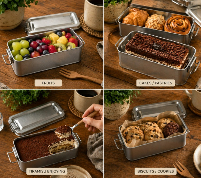 Premium Tin Material Packing Box (15×6×6 cm) | Food Container for Fruits,Desserts, Snacks, Gifting ,Tiffin, Picnic & Travel ( Not For Liquids )