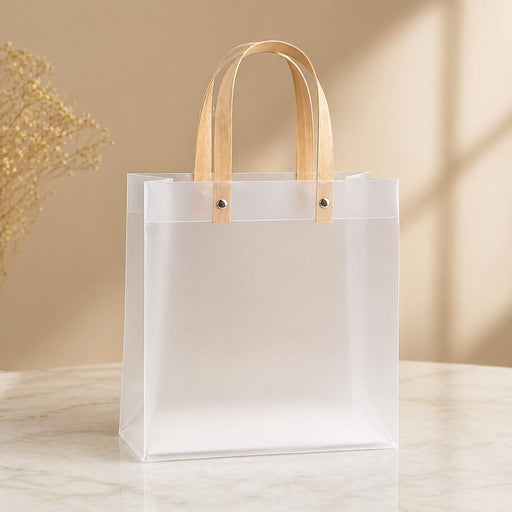 Transparent Frosted Gift Bag with Handle | Premium Plastic Hamper Bag for Gifting, Return Gifts & Packaging | 10.5×8×4.5 Inch