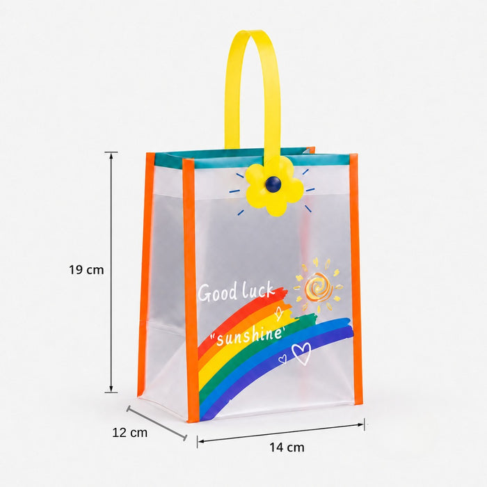 Cute Frosted Gift Bag with Handle | Transparent PVC Return Gift & Hamper Bag | 14×12×19 CM | 3 Assorted Designs