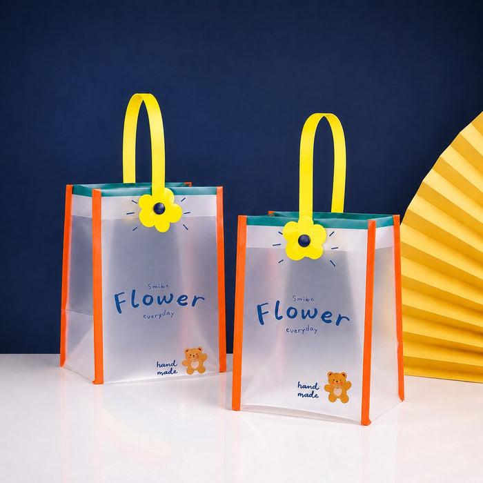 Cute Frosted Gift Bag with Handle | Transparent PVC Return Gift & Hamper Bag | 14×12×19 CM | 3 Assorted Designs