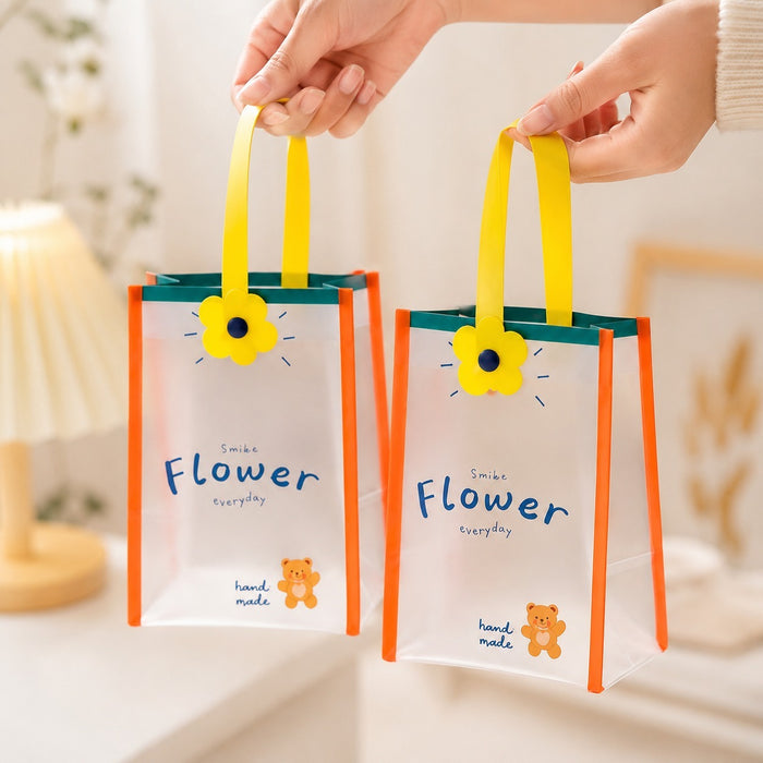 Cute Frosted Gift Bag with Handle | Transparent PVC Return Gift & Hamper Bag | 14×12×19 CM | 3 Assorted Designs