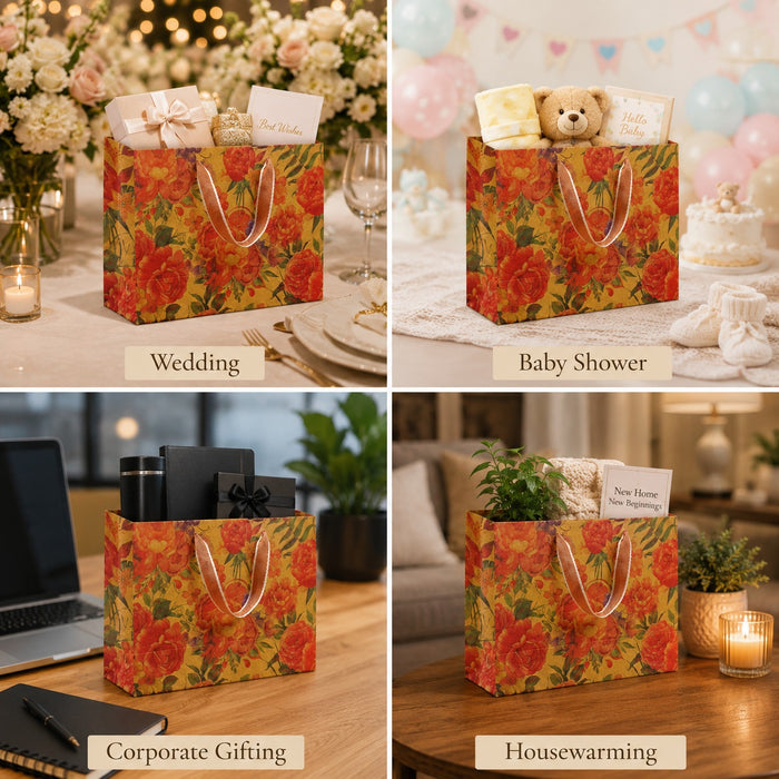 Premium Floral Gift Bag with Handle | Reusable Luxury Paper Bag for Wedding, Gifting & Retail Packaging | 28x20x10 cm