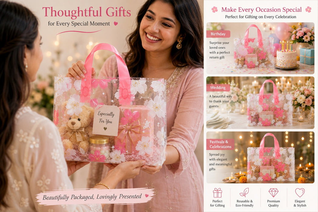 Premium Printed Frosted Plastic Gift Tote Bags | Reusable Carry Bags for Return Gifts, Hampers & Party Packaging (5 Designs Available)