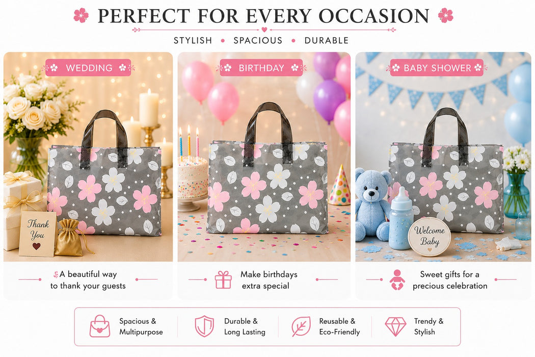Premium Printed Frosted Plastic Gift Tote Bags | Reusable Carry Bags for Return Gifts, Hampers & Party Packaging (5 Designs Available)