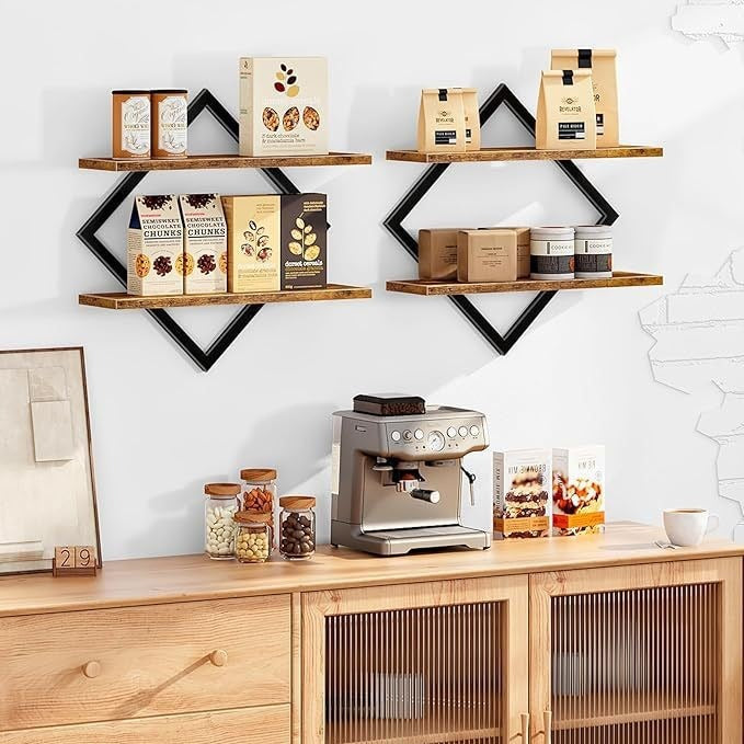 Modern Diamond Shape Wall Shelf Set 2– Wooden & Metal Floating Wall Rack for Home Décor