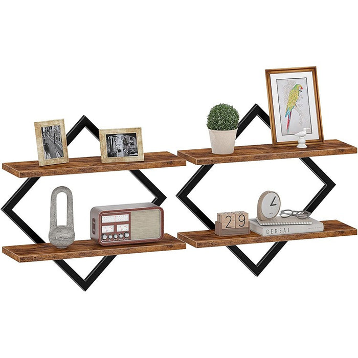 Modern Diamond Shape Wall Shelf Set 2– Wooden & Metal Floating Wall Rack for Home Décor