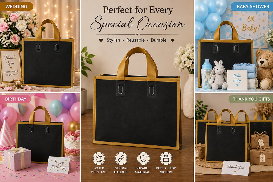Premium Plastic Gift Carry Bag with Handle – Black, White & Green | 35×25×10 cm