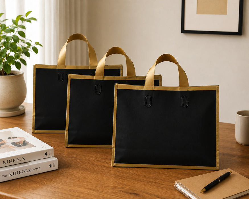 Premium Plastic Gift Carry Bag with Handle – Black, White & Green | 35×25×10 cm