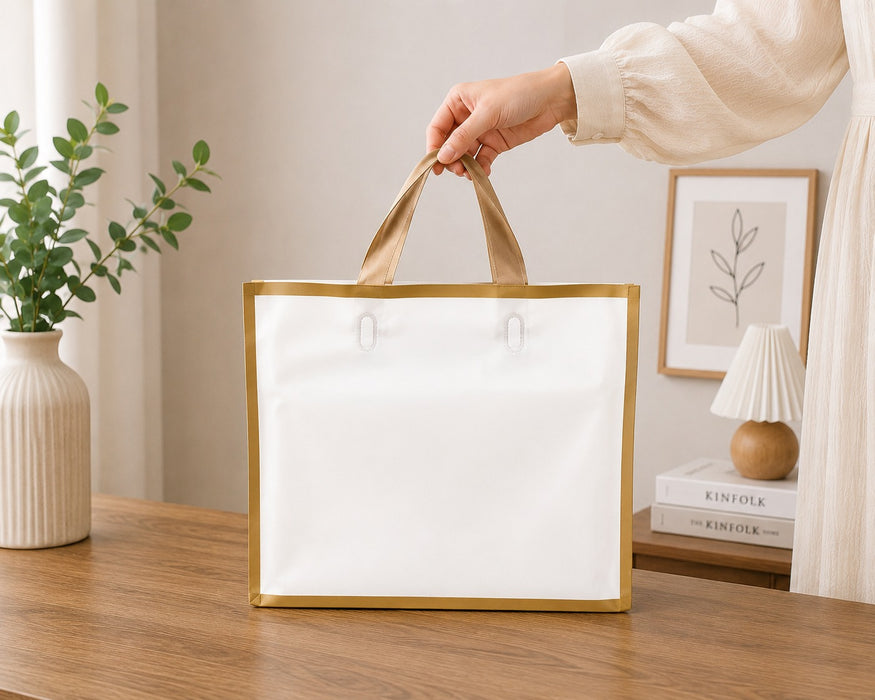 Premium Plastic Gift Carry Bag with Handle – Black, White & Green | 35×25×10 cm
