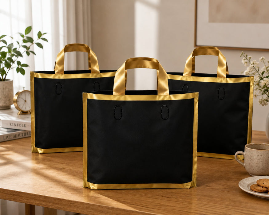 Premium Plastic Gift Carry Bag with Handle – Black, White & Green | 35×25×10 cm
