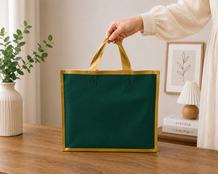 Premium Plastic Gift Carry Bag with Handle – Black, White & Green | 35×25×10 cm