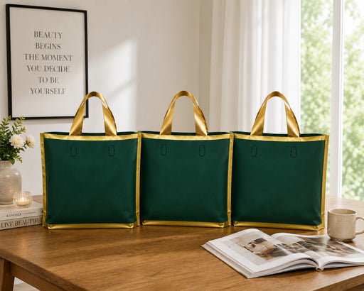 Premium Plastic Gift Carry Bag with Handle – Black, White & Green | 35×25×10 cm