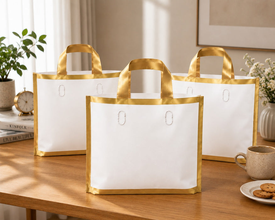 Premium Plastic Gift Carry Bag with Handle – Black, White & Green | 35×25×10 cm