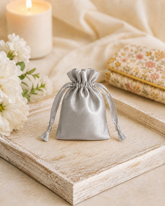 Luxury Satin Drawstring Potli Bag – Gold & Silver | Return Gift Pouch for Wedding, Festive & Jewelry Packaging (7 x 9 cm)